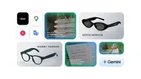 The image shows black Google intelligent eyewear frames by Gentle Monster and dark green black Google intelligent eyewear frames by Warby Parker. There are also icons for several apps, as well as examples of intelligent eyewear displays.