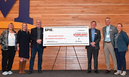 (L-R) Julie Bentley, 2026 SPIE President & Kingslake Chair of Optical Engineering at Univ. of Rochester; Christine Foreman, Dean, Norm Asbjornson College of Engineering; Joseph Shaw, MSU OpTeC Director & Distinguished Professor; Kent Rochford, SPIE CEO; David Dickensheets, MSU ECE Dept. Head & Distinguished Professor; Alison Harmon, MSU VP Research & Economic Development. Photo: SPIE.