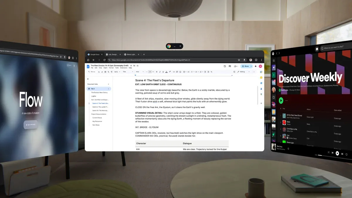A user wearing the Samsung Galaxy XR headset views three floating digital screens in a passthrough environment. On the left is the Flow website open in Chrome, in the center is a Google Docs document open to a script, and on the right is the Spotify app playing music. The user is in a brightly lit modern room.