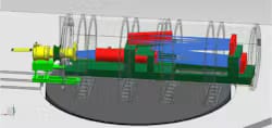 FIGURE 3. This 3D view of the PARAS-2 vacuum chamber shows the ray tracing through the optical elements. The CCD Dewar connection to the vacuum chamber via a bellows is also visible, and the assembly is mounted onto a dynamically isolated pier.