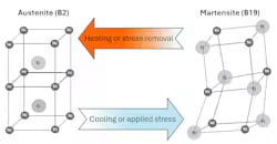 FIGURE 1. Nitinol crystal structure transformation between austenite (B2) and martensite (B19) during heating and cooling.